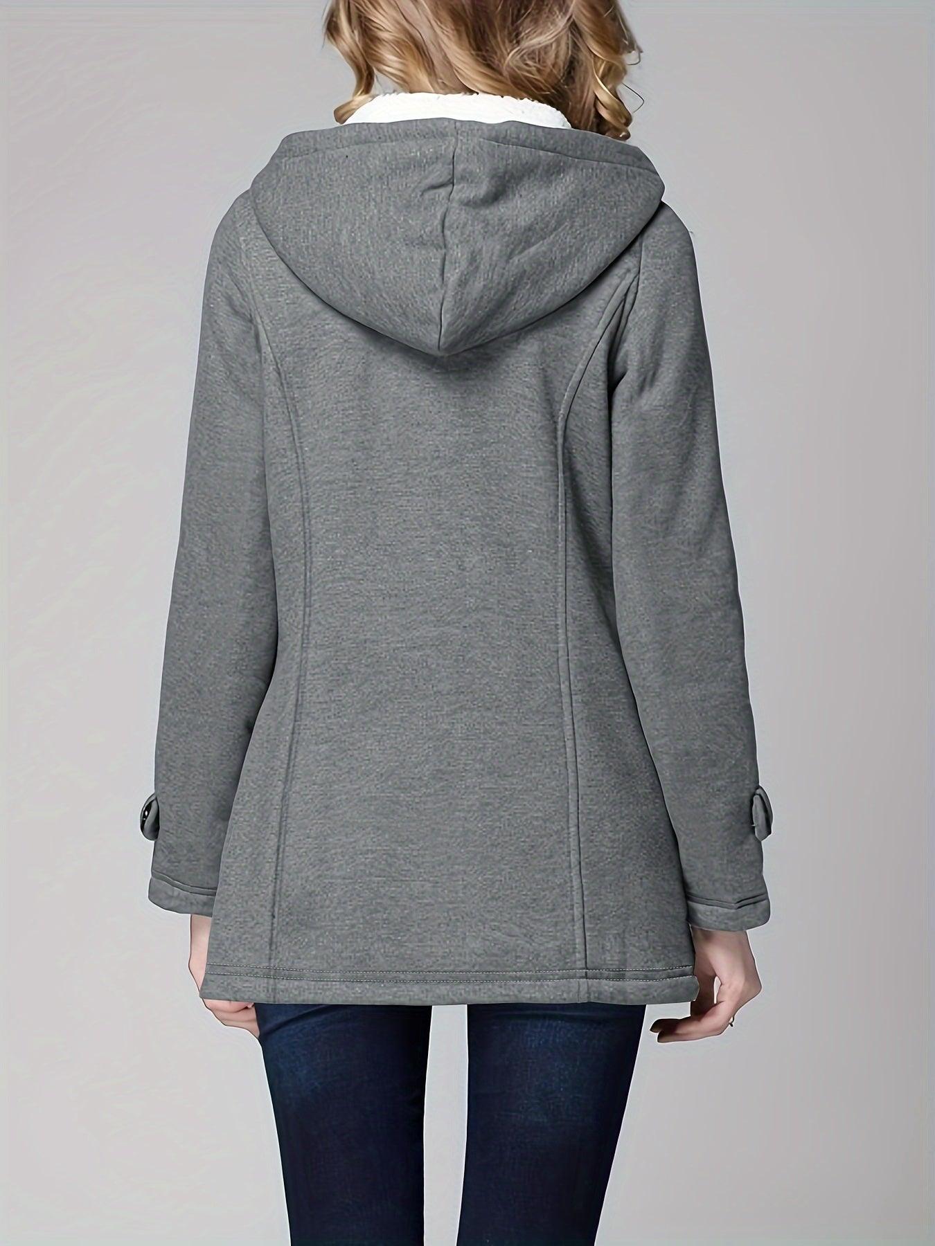 Buckle Front Warm Hooded Coat, Casual Long Sleeve Solid Outerwear With Pockets, Women's Clothing