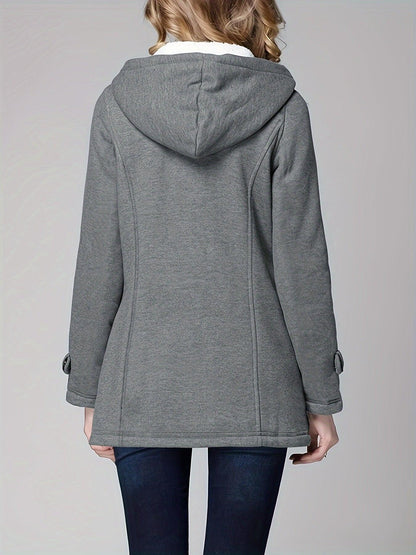 Buckle Front Warm Hooded Coat, Casual Long Sleeve Solid Outerwear With Pockets, Women's Clothing