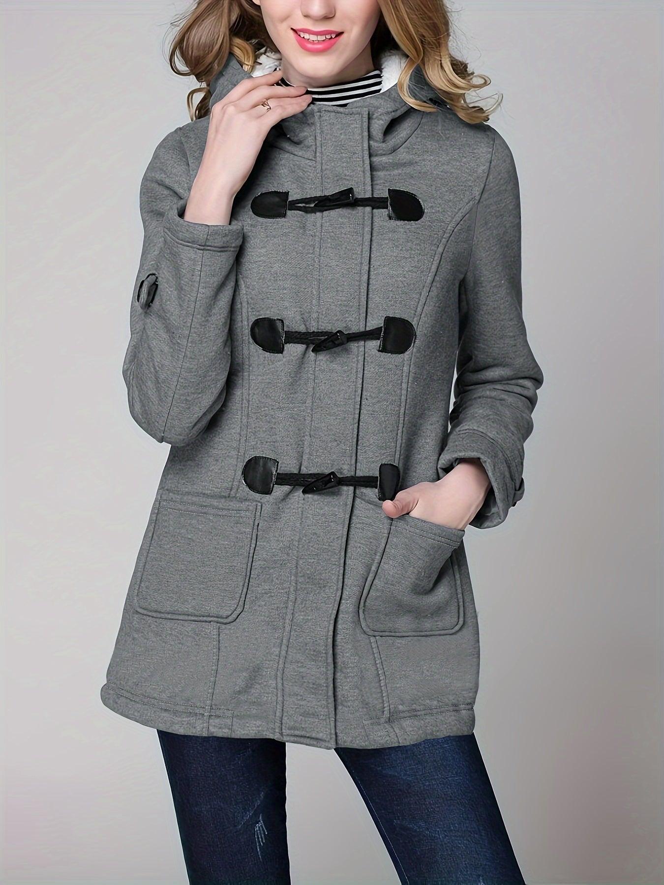 Buckle Front Warm Hooded Coat, Casual Long Sleeve Solid Outerwear With Pockets, Women's Clothing