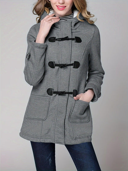 Buckle Front Warm Hooded Coat, Casual Long Sleeve Solid Outerwear With Pockets, Women's Clothing