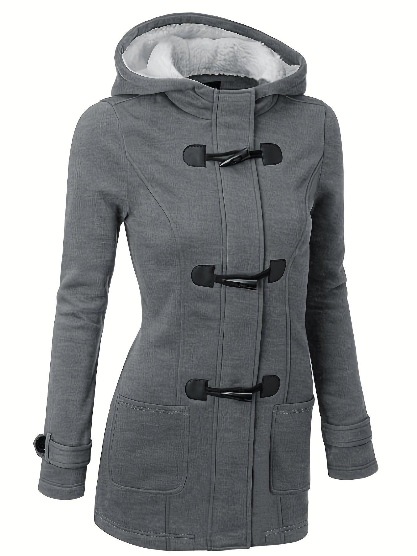 Buckle Front Warm Hooded Coat, Casual Long Sleeve Solid Outerwear With Pockets, Women's Clothing