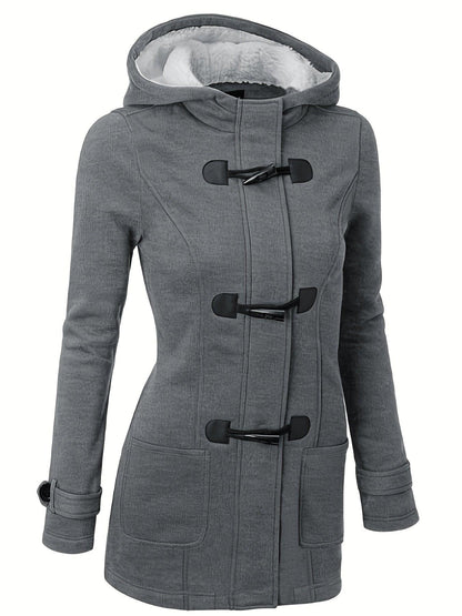 Buckle Front Warm Hooded Coat, Casual Long Sleeve Solid Outerwear With Pockets, Women's Clothing